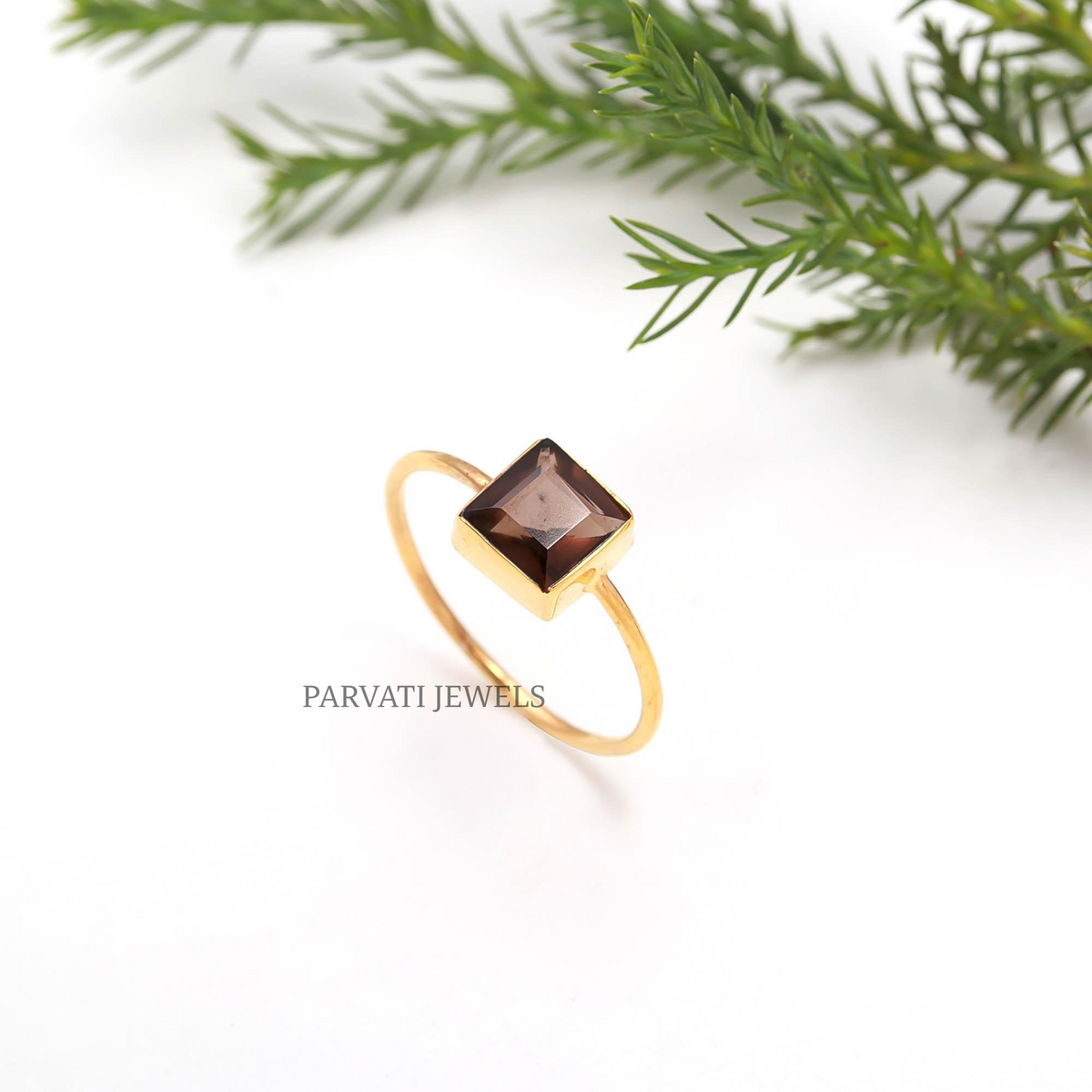 18K Solid Gold Natural Smoky Quartz Ring, Minimalist Gemstone Jewelry