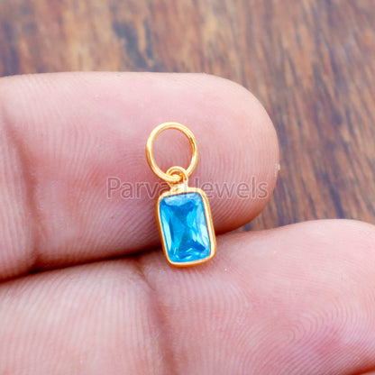 Swiss Blue Topaz Charm, 18k Solid Gold Charm, Handmade Gold Charm, Charms Necklace, Lab Created Swiss Blue Topaz Charm, Gift for Her