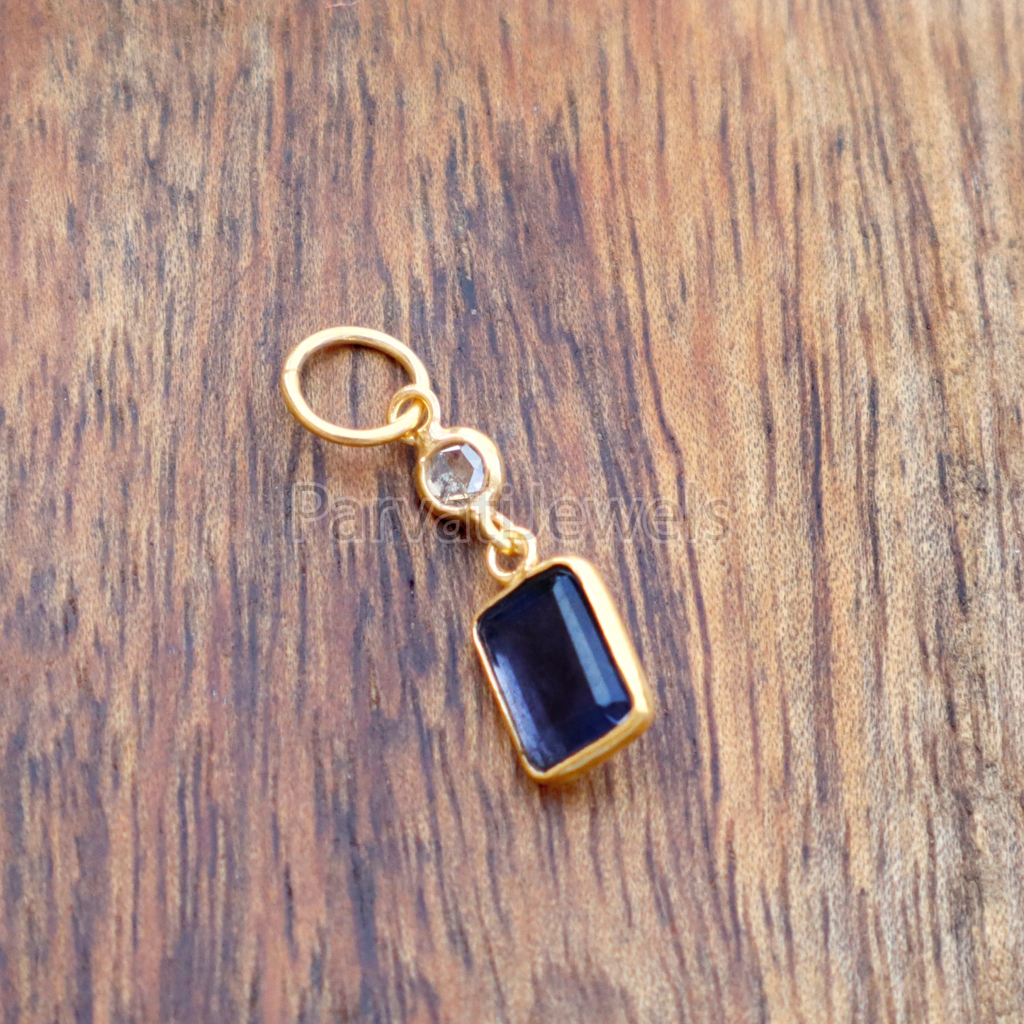 Iolite & Rose Cut Diamond Charm, 18k Solid Gold Charm, Iolite Charm, Gold Charm, Gold Charm Pendant, Charm Necklace, Handmade Gold Charm