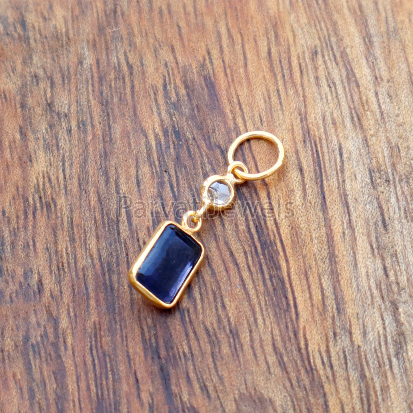 Iolite & Rose Cut Diamond Charm, 18k Solid Gold Charm, Iolite Charm, Gold Charm, Gold Charm Pendant, Charm Necklace, Handmade Gold Charm