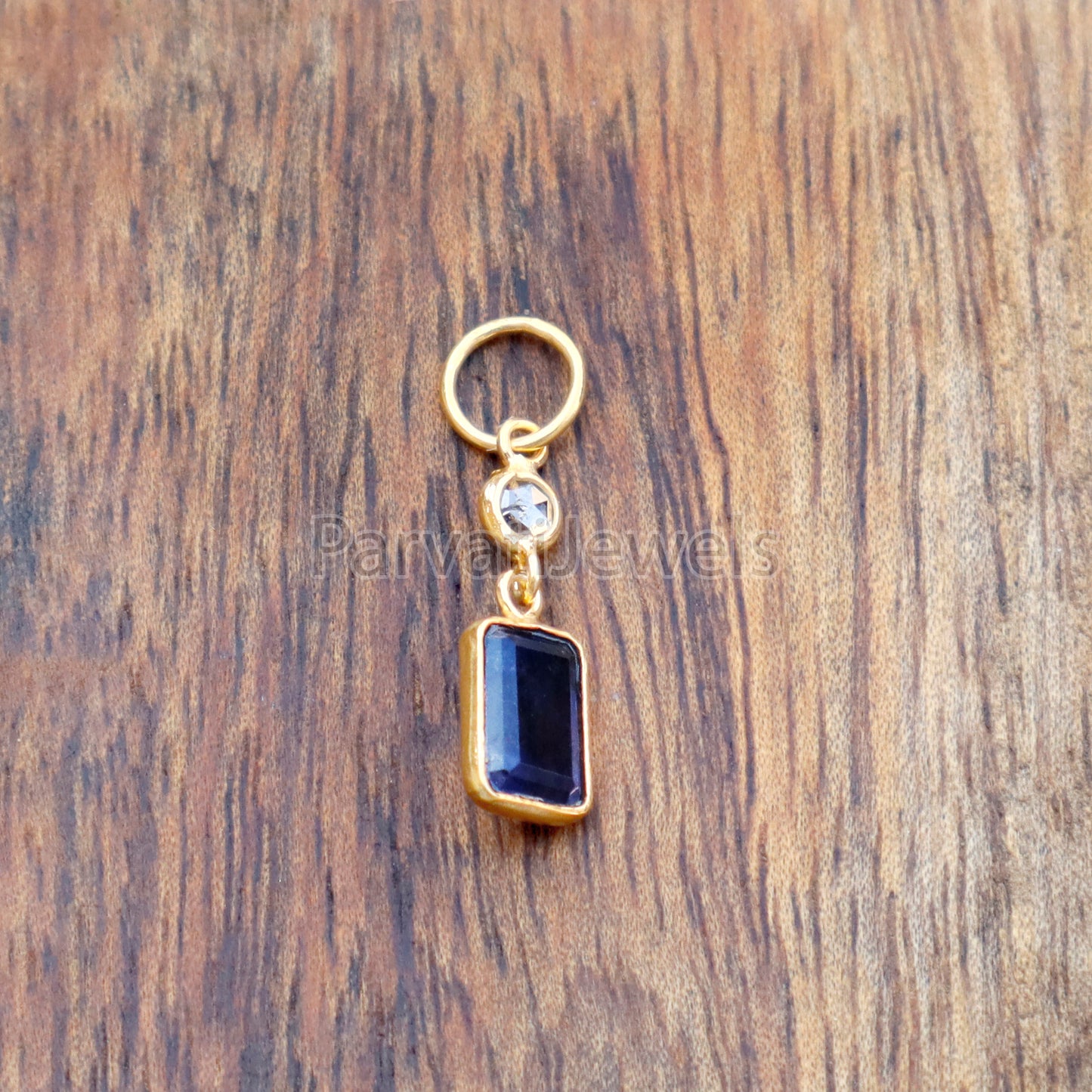 Iolite & Rose Cut Diamond Charm, 18k Solid Gold Charm, Iolite Charm, Gold Charm, Gold Charm Pendant, Charm Necklace, Handmade Gold Charm