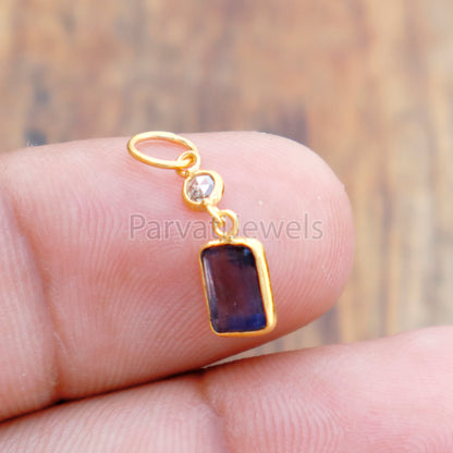 Iolite & Rose Cut Diamond Charm, 18k Solid Gold Charm, Iolite Charm, Gold Charm, Gold Charm Pendant, Charm Necklace, Handmade Gold Charm