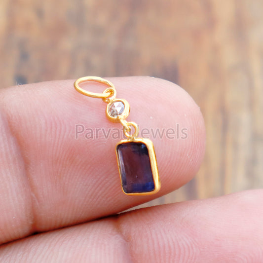Iolite & Rose Cut Diamond Charm, 18k Solid Gold Charm, Iolite Charm, Gold Charm, Gold Charm Pendant, Charm Necklace, Handmade Gold Charm