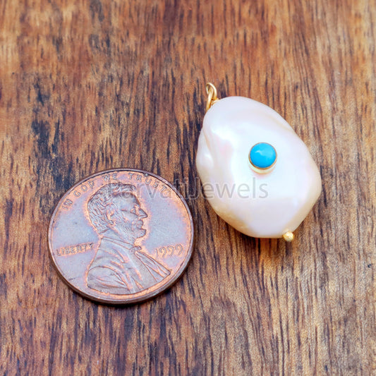 Natural Sleeping Beauty Turquoise Pave Baroque Pearl Charm, 18k Solid Gold Charm, Pearl Gold Charm, , Pearl Charm Necklace, Charm Pendant