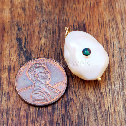 Natural Chalama Black Opal Pave Baroque Pearl Charm, 18k Solid Gold Charm, Natural Pearl Gold Charm, , Pearl Charm Necklace, Charm Pendant