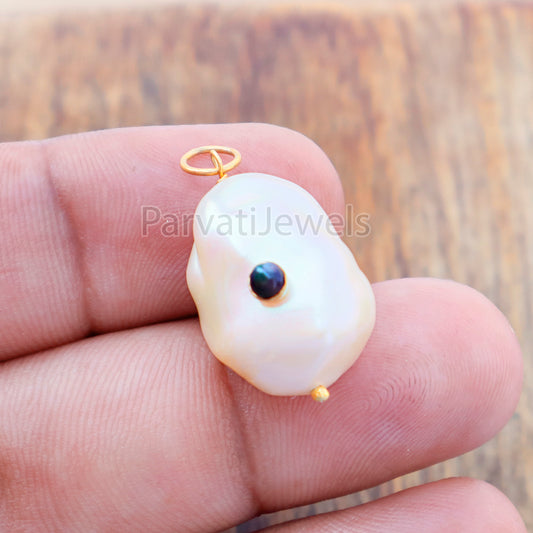 Natural Chalama Black Opal Pave Baroque Pearl Charm, 18k Solid Gold Charm, Natural Pearl Gold Charm, , Pearl Charm Necklace, Charm Pendant