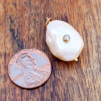 Natural Rose Cut Natural Diamond Pave Baroque Pearl Charm, 18k Solid Gold Charm, Pearl Gold Charm, , Pearl Charm Necklace, Charm Pendant
