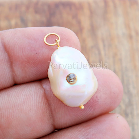 Natural Rose Cut Natural Diamond Pave Baroque Pearl Charm, 18k Solid Gold Charm, Pearl Gold Charm, , Pearl Charm Necklace, Charm Pendant