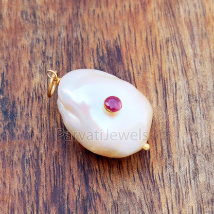 Natural Ruby Pave Baroque Pearl Charm, 18k Solid Gold Charm, Natural Pearl Gold Charm, GoldCharm, Pearl Charm Necklace, Pearl CharmPendent