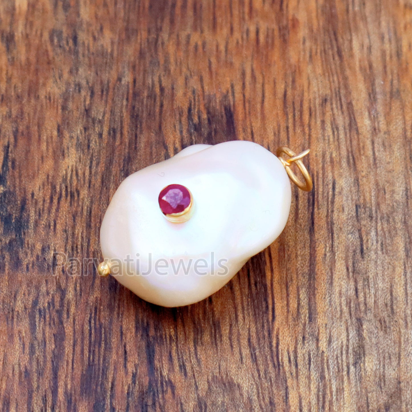 Natural Ruby Pave Baroque Pearl Charm, 18k Solid Gold Charm, Natural Pearl Gold Charm, GoldCharm, Pearl Charm Necklace, Pearl CharmPendent