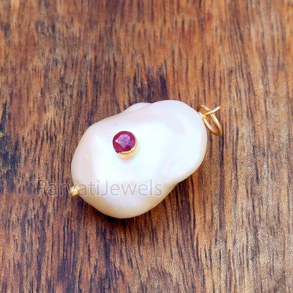 Natural Ruby Pave Baroque Pearl Charm, 18k Solid Gold Charm, Natural Pearl Gold Charm, GoldCharm, Pearl Charm Necklace, Pearl CharmPendent