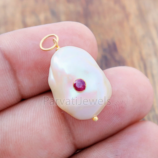 Natural Ruby Pave Baroque Pearl Charm, 18k Solid Gold Charm, Natural Pearl Gold Charm, GoldCharm, Pearl Charm Necklace, Pearl CharmPendent