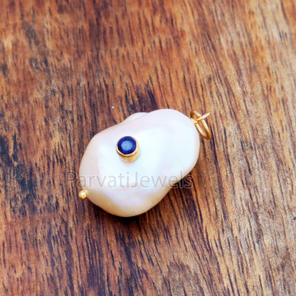 Natural Sapphire Pave Baroque Pearl Charm, 18k Solid Gold Charm, Natural Pearl Gold Charm, Gold Charm, Pearl Charm Necklace, Sapphire Charm