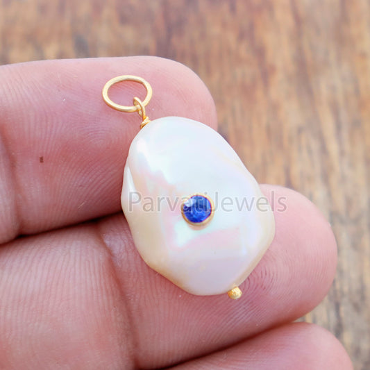 Natural Sapphire Pave Baroque Pearl Charm, 18k Solid Gold Charm, Natural Pearl Gold Charm, Gold Charm, Pearl Charm Necklace, Sapphire Charm