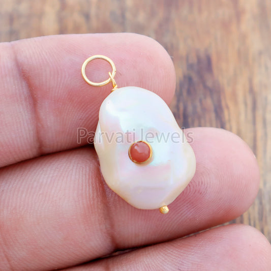 Natural Peach Moonstone Pave Baroque Pearl Charm, 18k Solid Gold Charm, Natural Pearl Gold Charm, , Pearl Charm Necklace, Charm Pendant