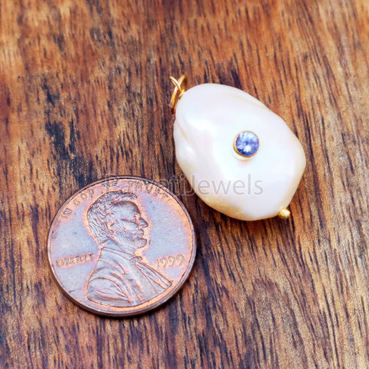 Natural Tanzanite Pave Baroque Pearl Charm, 18k Solid Gold Charm, Natural Pearl Gold Charm, Pearl Charm Necklace, Pearl Charm Pendant