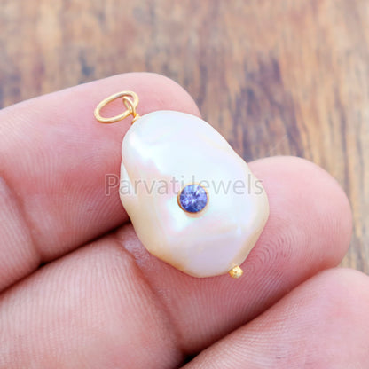 Natural Tanzanite Pave Baroque Pearl Charm, 18k Solid Gold Charm, Natural Pearl Gold Charm, Pearl Charm Necklace, Pearl Charm Pendant