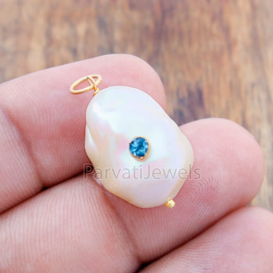 Natural London Blue Topaz Pave Baroque Pearl Charm, 18k Solid Gold Charm, Natural Pearl Gold Charm, , Pearl Charm Necklace, Charm Pendant