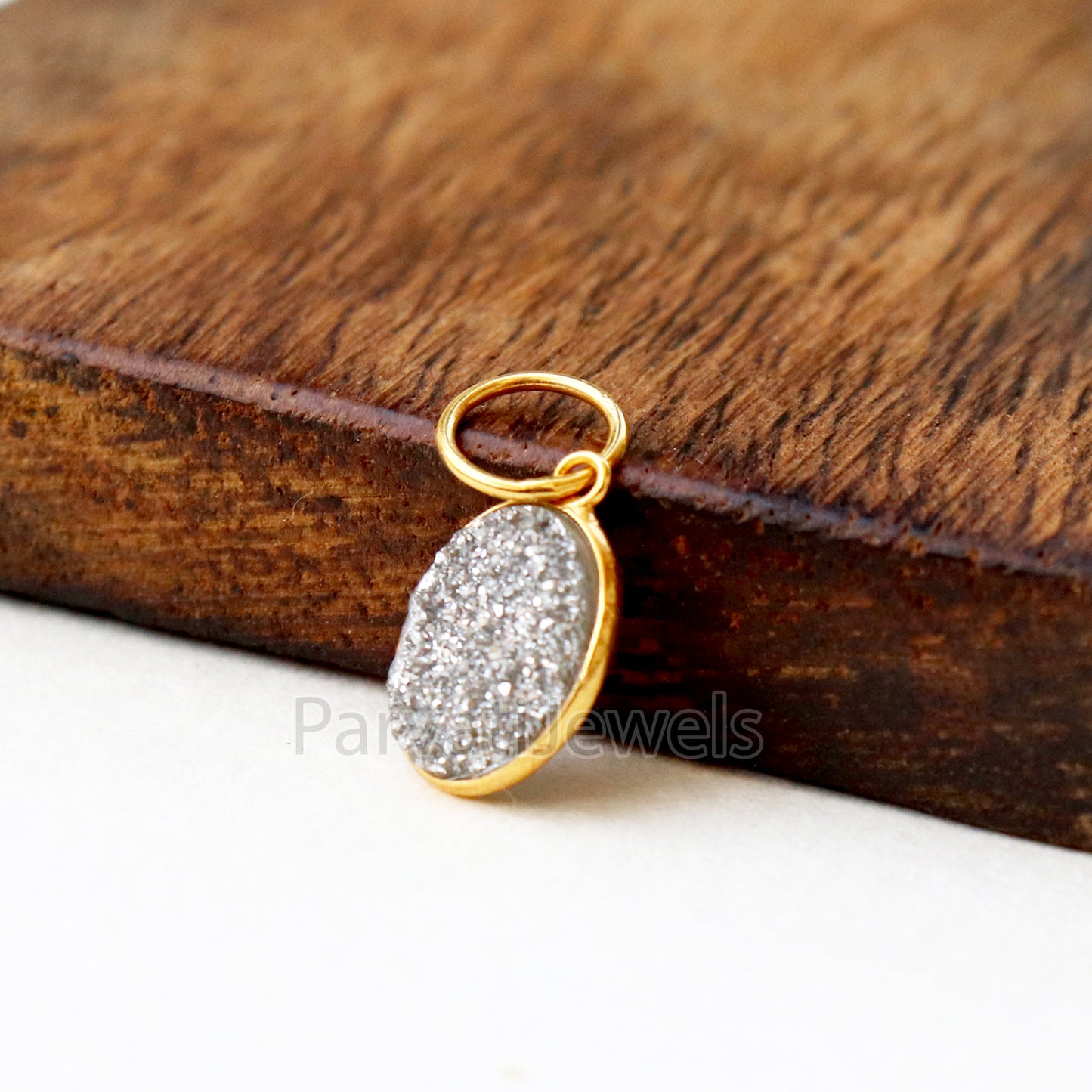 Silver Aura Druzy Charm, 18k Solid Gold Charm, Natural Silver Aura Druzy Charm, Gold Charm, Charm Pendant, Charm Necklace, Handmade Charm