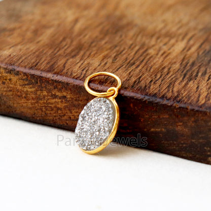 Silver Aura Druzy Charm, 18k Solid Gold Charm, Natural Silver Aura Druzy Charm, Gold Charm, Charm Pendant, Charm Necklace, Handmade Charm
