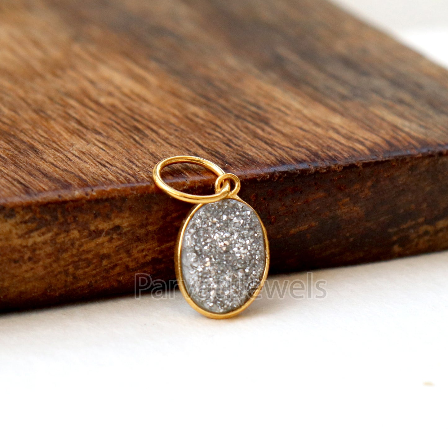 Silver Aura Druzy Charm, 18k Solid Gold Charm, Natural Silver Aura Druzy Charm, Gold Charm, Charm Pendant, Charm Necklace, Handmade Charm