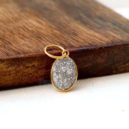 Silver Aura Druzy Charm, 18k Solid Gold Charm, Natural Silver Aura Druzy Charm, Gold Charm, Charm Pendant, Charm Necklace, Handmade Charm