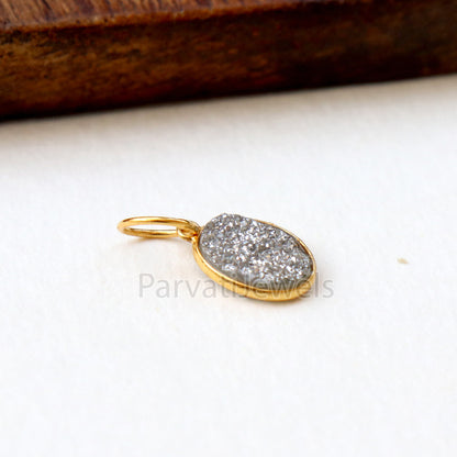 Silver Aura Druzy Charm, 18k Solid Gold Charm, Natural Silver Aura Druzy Charm, Gold Charm, Charm Pendant, Charm Necklace, Handmade Charm