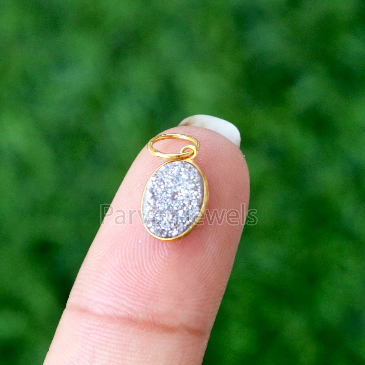 Silver Aura Druzy Charm, 18k Solid Gold Charm, Natural Silver Aura Druzy Charm, Gold Charm, Charm Pendant, Charm Necklace, Handmade Charm