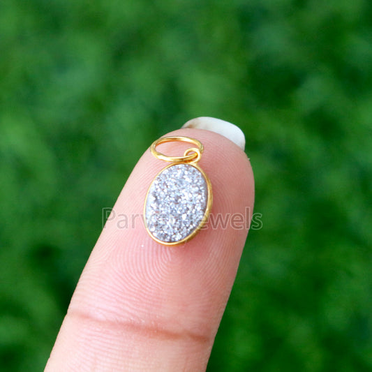 Silver Aura Druzy Charm, 18k Solid Gold Charm, Natural Silver Aura Druzy Charm, Gold Charm, Charm Pendant, Charm Necklace, Handmade Charm