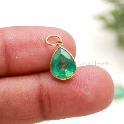 18KT Gold Emerald Pear Pendant, Minimalist Fine Jewelry, Dainty Gift for Her