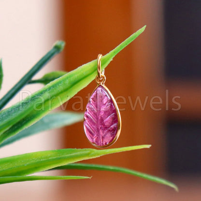 Natural Pink Tourmaline Charm, 18k Solid Gold Charm, Hand Carved Pink Tourmaline Charm, Charm Pendant, Charm Necklace, Handmade Gold Charm