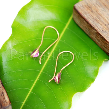 Natural Pink Tourmaline Earring, Tourmaline Dangle Earring, Solid 18K Gold Earring, Handmade Gold Earring, Minimalist Dangle Earring