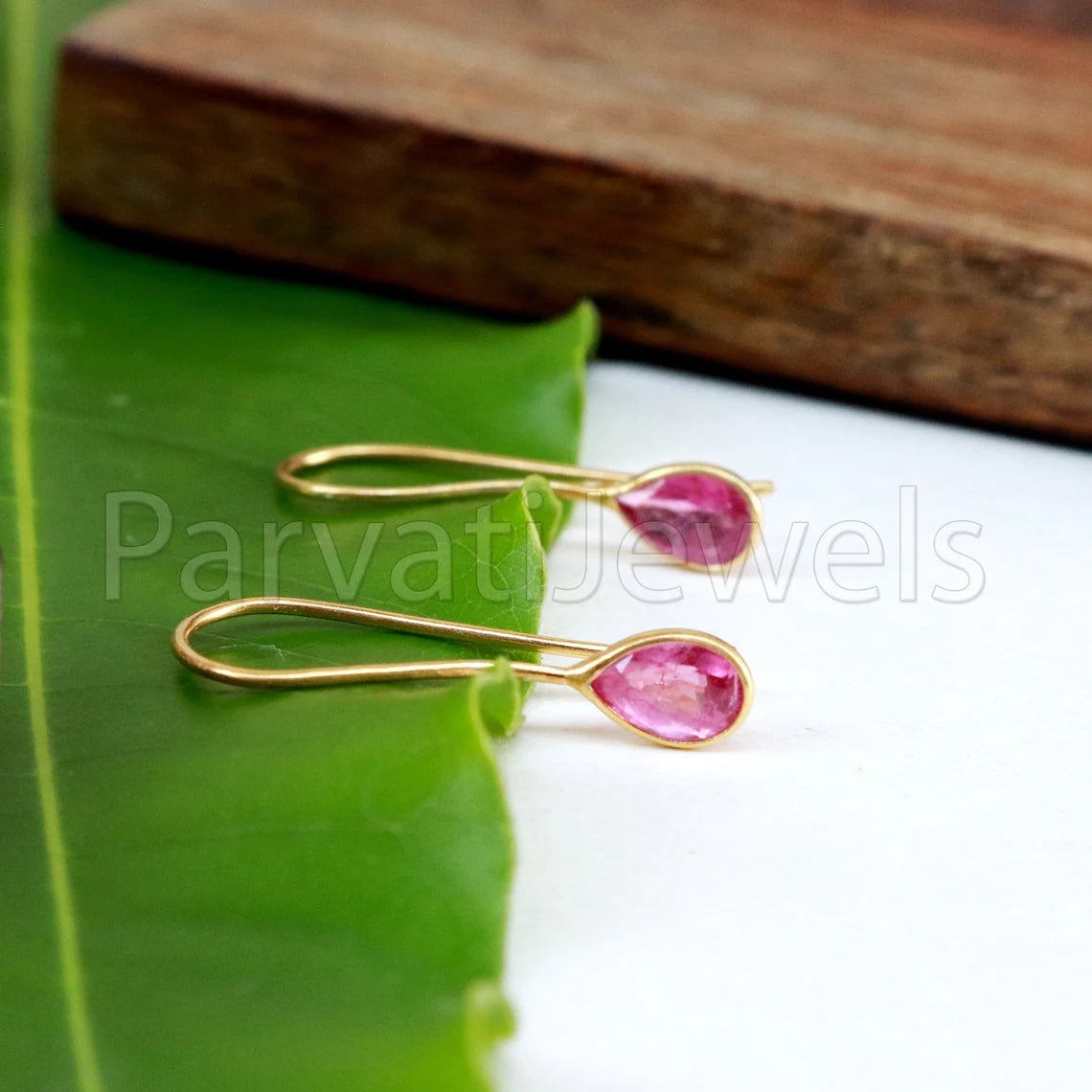 Natural Pink Tourmaline Earring, Tourmaline Dangle Earring, Solid 18K Gold Earring, Handmade Gold Earring, Minimalist Dangle Earring
