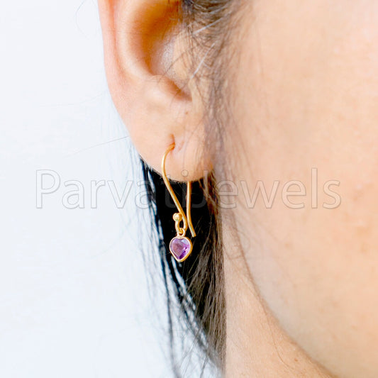 Natural Amethyst Earring, Amethyst Dangle Earring, Solid 18K Gold Earring, Handmade Gold Earring, Minimalist Dangle Earring, Gift for Her