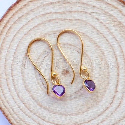 Natural Amethyst Earring, Amethyst Dangle Earring, Solid 18K Gold Earring, Handmade Gold Earring, Minimalist Dangle Earring, Gift for Her