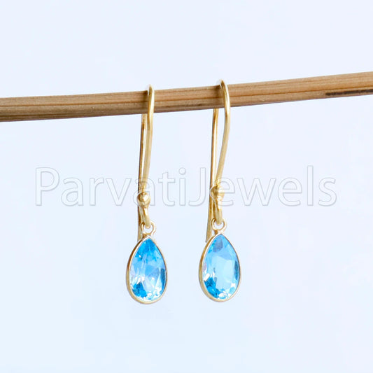 Natural Blue Topaz dangle Earring, Dangle Earring, Blue Topaz Earring, Minimalist Dangle Earring, Solid 18K Gold Earring, Gift for her