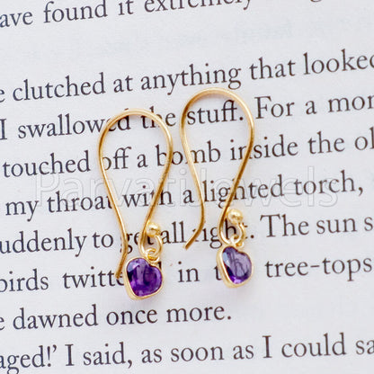 Natural Amethyst Earring, Amethyst Dangle Earring, Solid 18K Gold Earring, Handmade Gold Earring, Minimalist Dangle Earring, Gift for Her