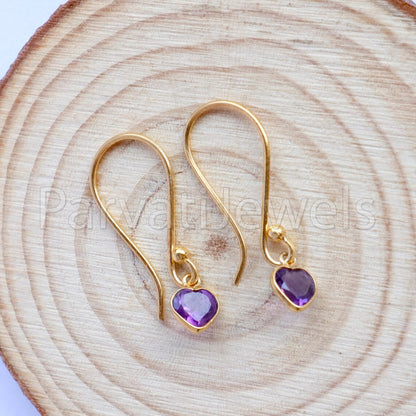 Natural Amethyst Earring, Amethyst Dangle Earring, Solid 18K Gold Earring, Handmade Gold Earring, Minimalist Dangle Earring, Gift for Her