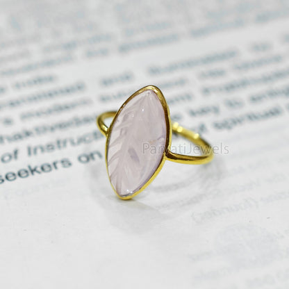 Natural Rose Quartz Solid Gold Ring, Marquise Shape Carving Rose Quartz Ring Solid Gold Ring, 14K & 18K Solid Gold Ring Jewelry, Gold Ring