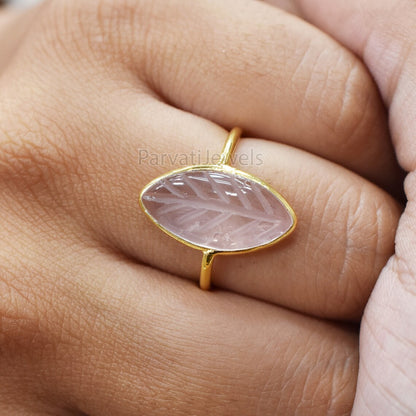 Natural Rose Quartz Solid Gold Ring, Marquise Shape Carving Rose Quartz Ring Solid Gold Ring, 14K & 18K Solid Gold Ring Jewelry, Gold Ring