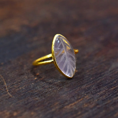 Natural Rose Quartz Solid Gold Ring, Marquise Shape Carving Rose Quartz Ring Solid Gold Ring, 14K & 18K Solid Gold Ring Jewelry, Gold Ring