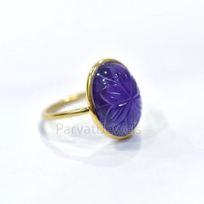 Solid Gold Natural Amethyst Ring, Oval Shape Carving Amethyst Ring Solid Gold Ring, 14K & 18K Solid Gold Ring Jewelry, Handmade Gold Ring