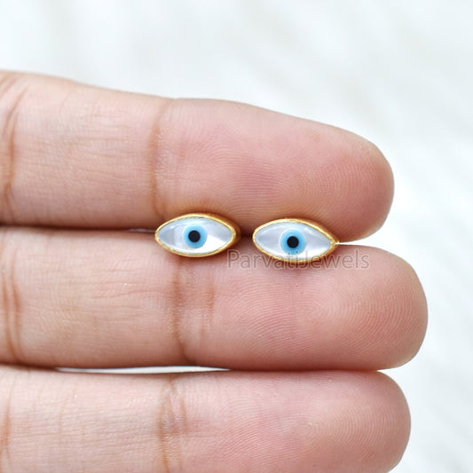 Very Beautiful Mother Of Pearl Evil Eye 18k Gold Earrings, Minimalist Solid Gold Earrings, 18k Solid Gold Stud Earrings, Handmade Earrings