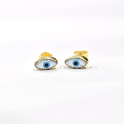 Very Beautiful Mother Of Pearl Evil Eye 18k Gold Earrings, Minimalist Solid Gold Earrings, 18k Solid Gold Stud Earrings, Handmade Earrings