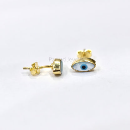 Very Beautiful Mother Of Pearl Evil Eye 18k Gold Earrings, Minimalist Solid Gold Earrings, 18k Solid Gold Stud Earrings, Handmade Earrings