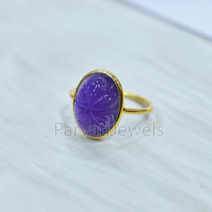 Solid Gold Natural Amethyst Ring, Oval Shape Carving Amethyst Ring Solid Gold Ring, 14K & 18K Solid Gold Ring Jewelry, Handmade Gold Ring