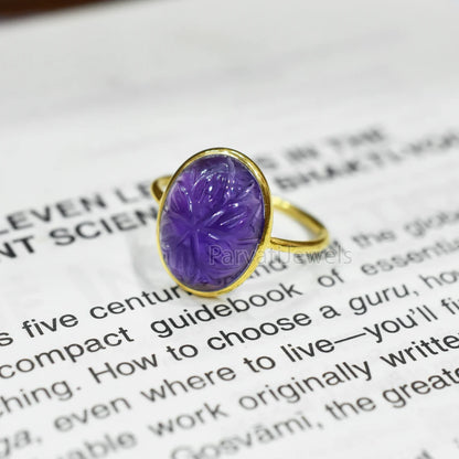 Solid Gold Natural Amethyst Ring, Oval Shape Carving Amethyst Ring Solid Gold Ring, 14K & 18K Solid Gold Ring Jewelry, Handmade Gold Ring