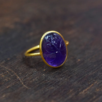 Solid Gold Natural Amethyst Ring, Oval Shape Carving Amethyst Ring Solid Gold Ring, 14K & 18K Solid Gold Ring Jewelry, Handmade Gold Ring