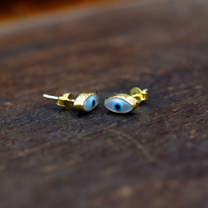 Very Beautiful Mother Of Pearl Evil Eye 18k Gold Earrings, Minimalist Solid Gold Earrings, 18k Solid Gold Stud Earrings, Handmade Earrings