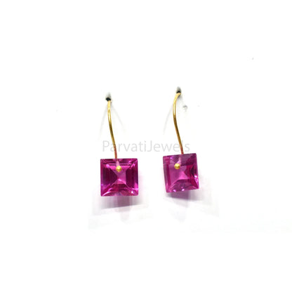 Square shape Tourmaline Solid Gold, 14K & 18K Gold Earrings, Beautiful Pink Tourmaline 18K Solid Gold Earrings, Handmade Earrings For Women